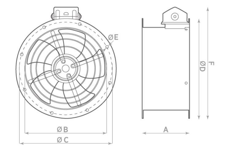 Abmessungen ER ECO Serie Axial Rohrluefter in verschiedenen Groessen